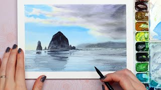 Step by Step Cannon Beach REAL TIME Watercolor Painting Tutorial