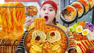 MUKBANG 분식집 참치김밥 치즈돈까스 떡볶이 라면 먹방! Spicy Teokbokki \u0026 Noodles \u0026 Gimbap Eating Sound | HIU 하이유