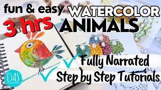 3 hours of WATERCOLOR Fun! - paint animals with me in my studio (no music just quiet conversations)