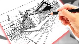 Dibujo de una casa usando PERSPECTIVA A DOS PUNTOS DE FUGA