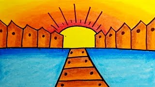 How To Draw Easy Scenery |How To Draw Sunset Scenery Step By Step With Oil Pastels