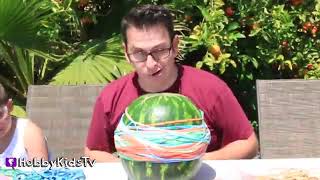 EXPLODING Watermelon! Rubber Band Challenge + Dinosaur Eats. Fun w/HobbyGuy HobbyKidsTV