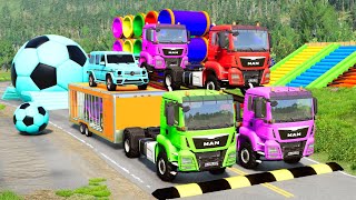 Double Flatbed Trailer Truck vs Speedbumps Train vs Cars Tractor vs Train Beamng Drive #101