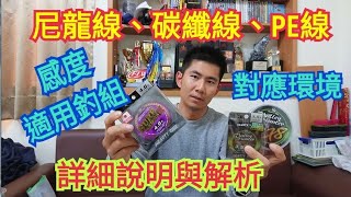 LURE FISHING 路亞釣使用釣線的差異性、適用釣組、對應環境詳細解說(碳纖線、尼龍線、PE線、感度、延展性、適用釣組、對應環境、傳聲筒原理、震動、頻率、傳導)