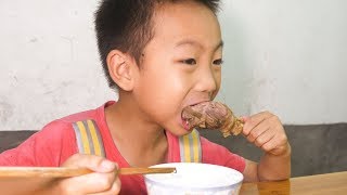 While eating the duck leg, the child asked, \