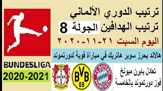 ترتيب الدوري الالماني وترتيب الهدافين الجولة 8 اليوم السبت 21-11-2020 - تعادل البايرن وفوز دورتموند