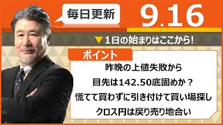 【FX｜相場分析】昨晩の上値失敗から目先は142.50底固めか？慌てて買わずに引き付けて買い場探し。クロス円は戻り売り地合い。2022/9/16（金）