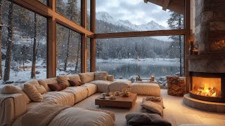 Snowfall at Warm Winter Living Room Ambience \u0026 Relaxing Jazz Instrumental Music ❄️ Smooth Jazz Music