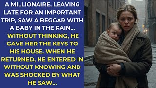 A MILLIONAIRE, LEAVING LATE FOR AN IMPORTANT TRIP, SAW A BEGGAR WITH A BABY IN THE RAIN...