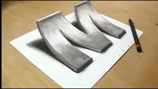 How to Draw 3D Letter M - Drawing with pencil - Awesome Trick Art  - 3D Trick Art  drawing arts adda