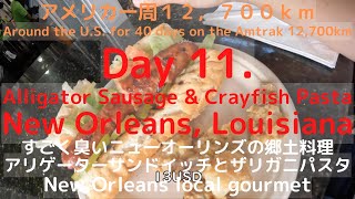 Day 11. New Orleans, Louisiana, eating a crazy smelly alligator sandwich and crawfish cream pasta.