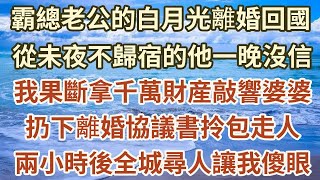 霸總老公的白月光離婚回國，從未夜不歸宿的他一晚沒信，我果斷拿千萬財産敲響婆婆，扔下離婚協議書拎包走人，兩小時後全城尋人讓我傻眼