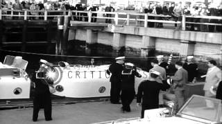 King Faisal II and his royal party boards a barge and the King walks up a ladder ...HD Stock Footage