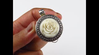 Sterling Silver Carved Bone Flower Design Locket Pendant BGP-778J