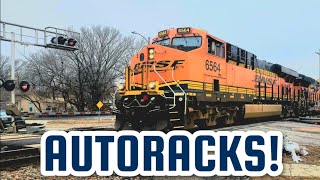 [4K] A BNSF DUO OF GE's LEAD A LONG STRING OF AUTORACKS BOUND FOR CA!