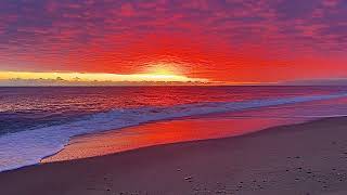 Red winter beach sunrise, peaceful wave sounds, Cape Cod, Massachusetts