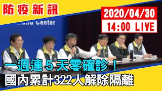 【最新消息】一週連5天零確診！國內累計322人解除隔離#中視新聞LIVE直播 20200430