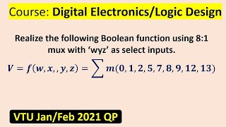 Realize Boolean function using 8:1 mux with ‘wyz’ as select inputs.