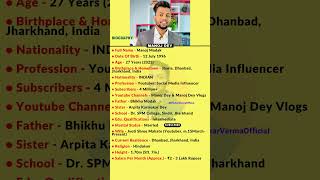 Manoj Dey Biography Video #youtubeshorts #manojdey #youtuber #viral #shortvideo