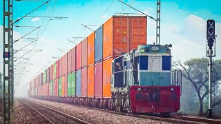 Single alco hauling double stack loaded containers on Delhi-Rewari section Indian railways