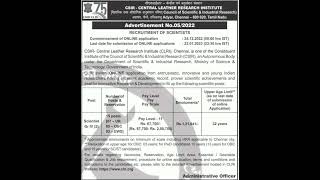 Various Vacancies of Scientists Gr IV in CSIR Central Leather Research Institute, Chennai...