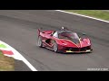 ferrari fxx k in action at monza for the first time downshifts flames glowing brakes more