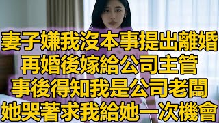 妻子嫌我沒本事提出離婚，再婚後嫁給公司主管，事後得知我是公司老闆，她哭著求我給她一次機會