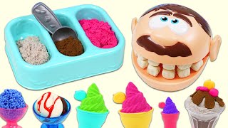 Feeding Mr. Play Doh Head Kinetic Sand Ice Cream Cones & Play Doh Desserts with Surprise Toys!