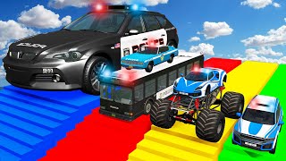 Big \u0026 Small Police Cars with Slide Color and Deep Water - Police Bus Rescue Cars - BeamNG.drive