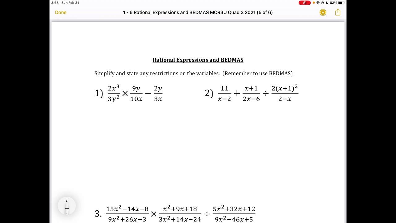 1 - 8 Rational Expressions And BEDMAS MCR3U - YouTube