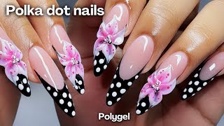 Simple Polka dot nails 🖤🌸˚.⋆ beginner friendly polygel nail tutorial + 3d flowers ♡ almond nails