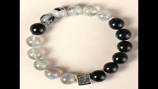 BUDDHA STONES BLACK OBSIDIAN BLACK RUTILATED QUARTZ MOONSTONE CUBE STRENGTH BRACELET