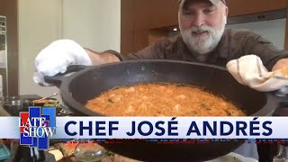 Chef Jose Andres And Stephen Colbert Are Cooking With Love (And Making A Mess)