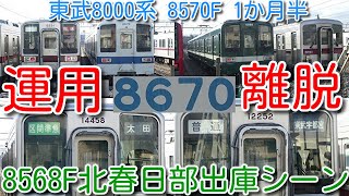 【東武8000系 8570F(パンタ上げ) 1か月半運用離脱】東武特急100系 スペーシア 105F廃車で、8570F 10030系 2両固定休車3編成と並んで手前に留置 8568F北春日部出庫シーン