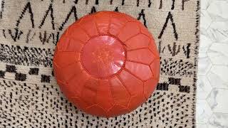 Kechart – Orange Leather pouf, Moroccan ottoman pouf cover, handmade pure leather