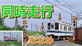 東武桐生線　赤城ー相老　上電の見えるななめ踏切