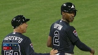 Justin Upton KNOCKS DOWN his brother, B.J. Upton, to the grass on a line drive