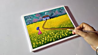 how to paint a girl in flower field/yellow flower field painting