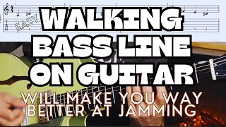 Walking Bassline ON GUITAR For Rockabilly and Blues Playing. Theory \u0026 Licks w/ ONE TRICK - TABS