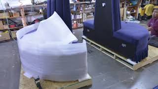 Packaging our Blue velvet round settee sofa and preparing it for shipping to Louisville, KY Museum