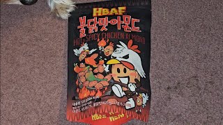 Korea Item Review HBAF Buldak Spicy Chicken Noodle Hot \u0026 Spicy Chicken Flavored Almond Taste Test