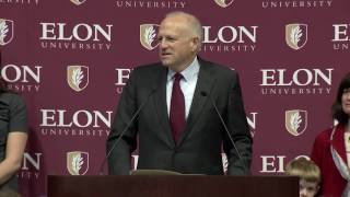 President Lambert thanks the Elon Community at a special college coffee