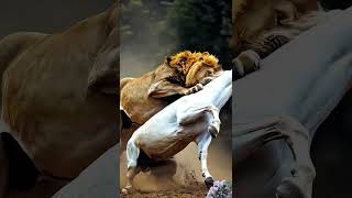 The lion has captured the horse, and all that's left is to play. Is it the lion comforting the hor