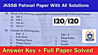 JKSSB Patwari Question Paper Solved With Full Solutions | 120/120 JKSSB Patwari Paper 2024 Solved