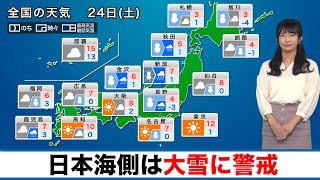 【24日(土)の天気】冬型続き日本海側は大雪警戒／西日本の雪は落ち着く