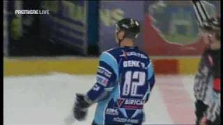 RB Salzburg player throws stick of Alba Volan player out of the rink