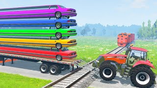 Five Limousine Long Cars Flatbed Trailer Tractor Truck Car Rescue - Cars vs Train and Rails - BeamNG