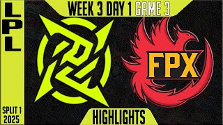 NIP vs FPX Highlights Game 3 | LPL Split 1 Groups 2025 W3D1 Ninjas In Pyjamas vs Funplus Phoenix G3