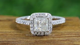 1 CT Princess Cut Moissanite Ring / 14K Gold Halo Promise Ring / Half Eternity Moissanite Ring