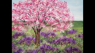 Acrylic Painting Cherry Blossom Tree and Lavender Meadow Landscape Painting Demo